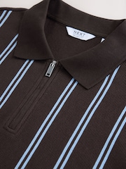 Blue/Brown Vertical Stripe Quarter Zip Polo Shirt - Image 7 of 7