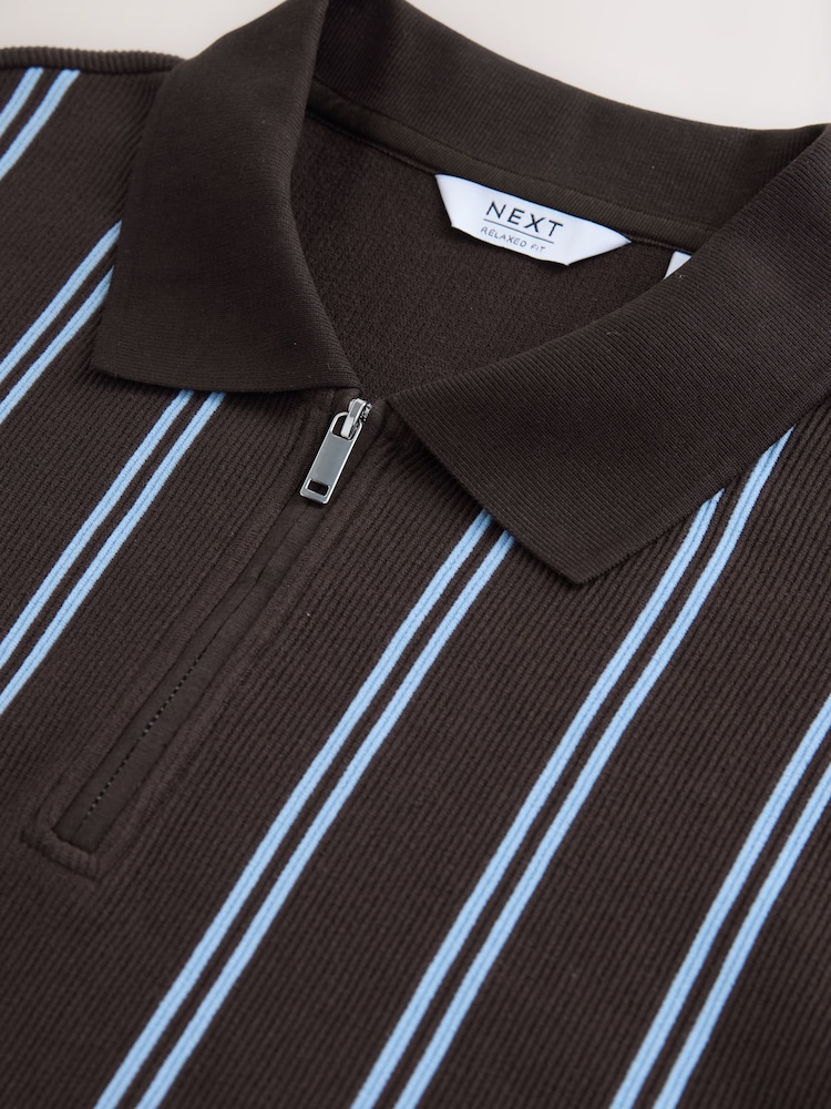 Blue/Brown Vertical Stripe Quarter Zip Polo Shirt - Image 7 of 7