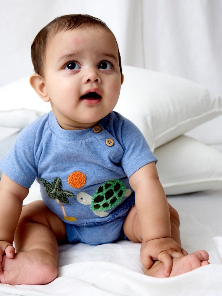 JoJo Maman Bébé Blue Turtle Appliqué Romper & Hat Set - Image 1 of 1