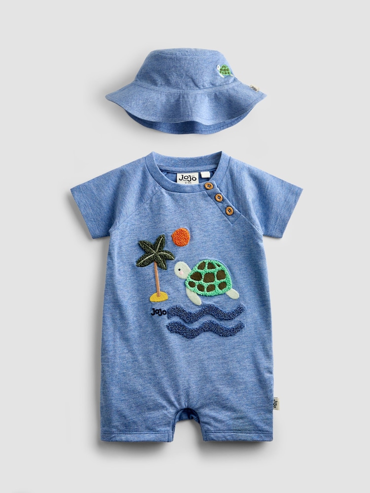 JoJo Maman Bébé Blue Turtle Appliqué Romper & Hat Set - Image 2 of 10 JoJo Maman Bébé Blue Turtle Appliqué Romper & Hat Set - Image 2 of 10