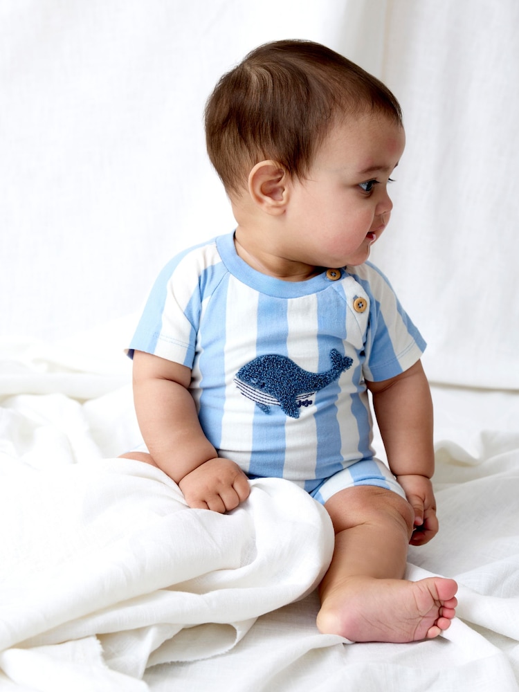 JoJo Maman Bébé Blue Whale Appliqué Romper & Hat Set - Image 1 of 8