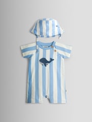 JoJo Maman Bébé Blue Whale Appliqué Romper & Hat Set - Image 2 of 8