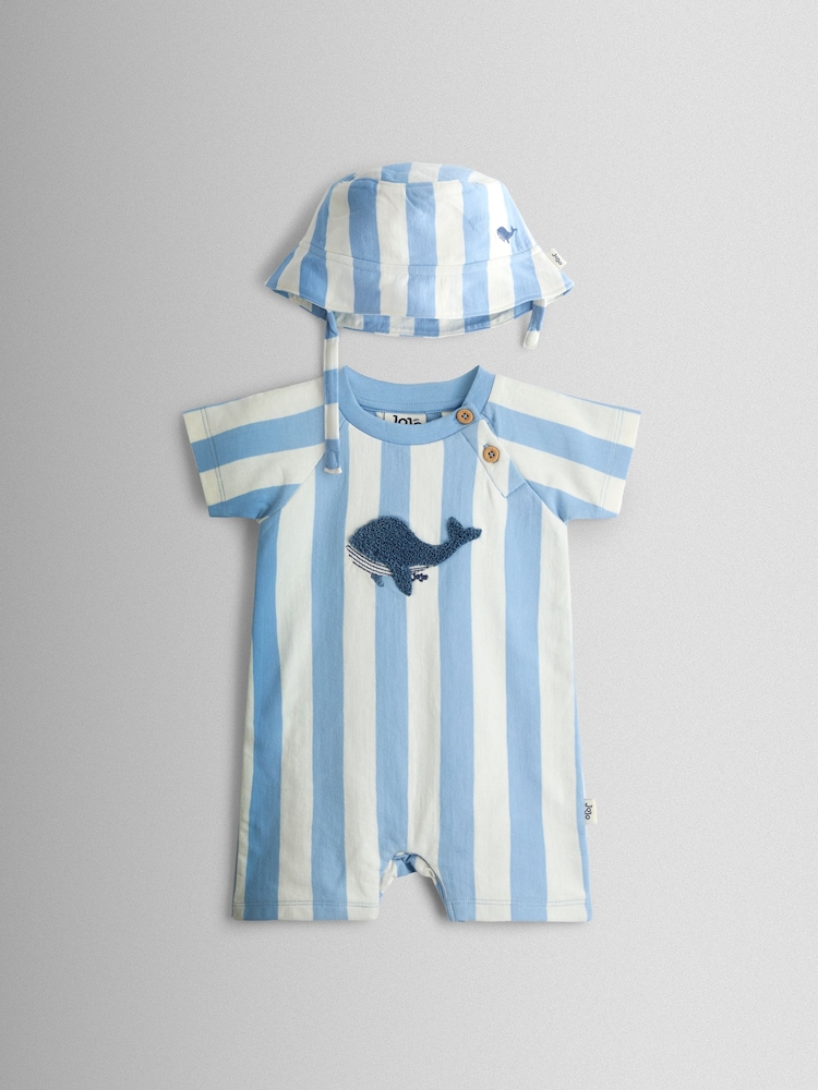 JoJo Maman Bébé Blue Whale Appliqué Romper & Hat Set - Image 2 of 8