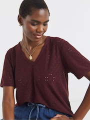JD Williams Red V-Neck Broderie T-Shirt - Image 1 of 4
