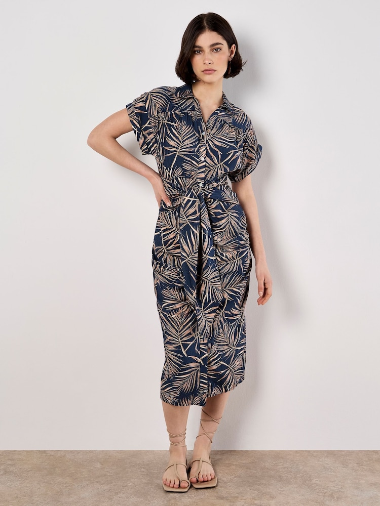 Apricot Blue Palm Leaf Tie Front Shirt Dress - Image 1 of 4