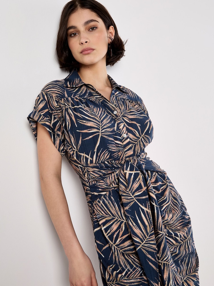 Apricot Blue Palm Leaf Tie Front Shirt Dress - Image 2 of 4