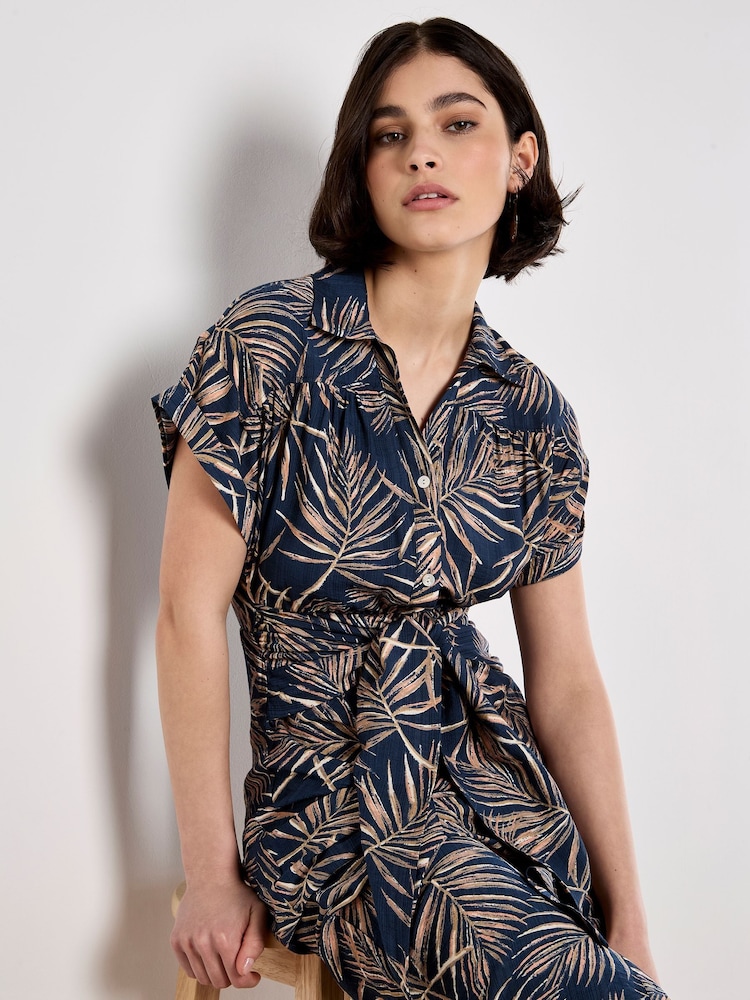 Apricot Blue Palm Leaf Tie Front Shirt Dress - Image 4 of 4