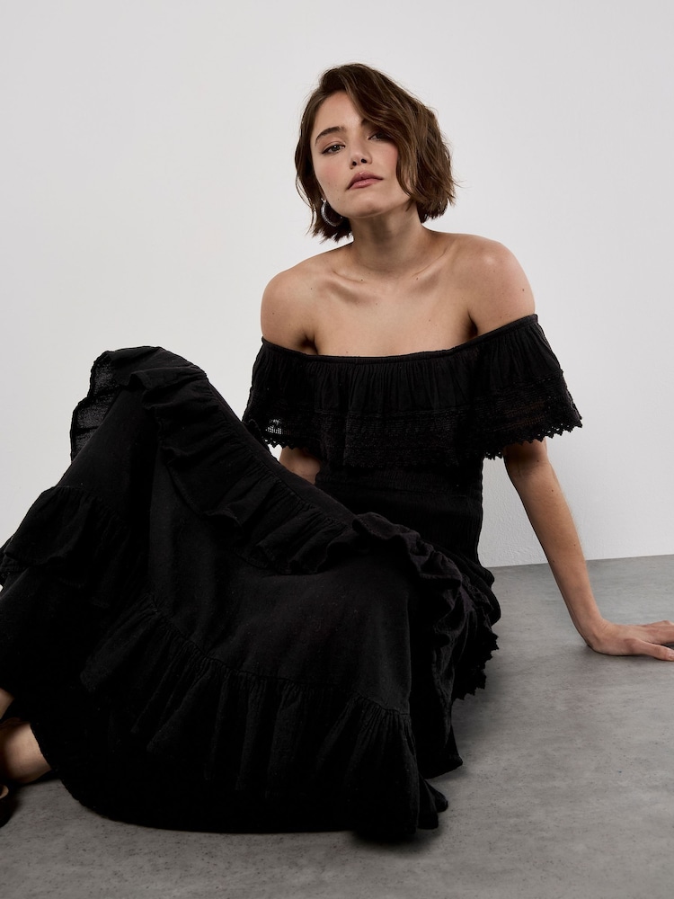 Apricot Black Bardot Lace Detail Maxi Dress - Image 1 of 5