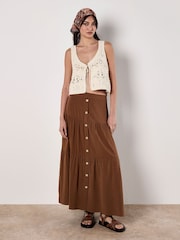Apricot Brown Coconut Buttton Linen Tiered Skirt - Image 1 of 4
