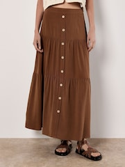 Apricot Brown Coconut Buttton Linen Tiered Skirt - Image 2 of 4