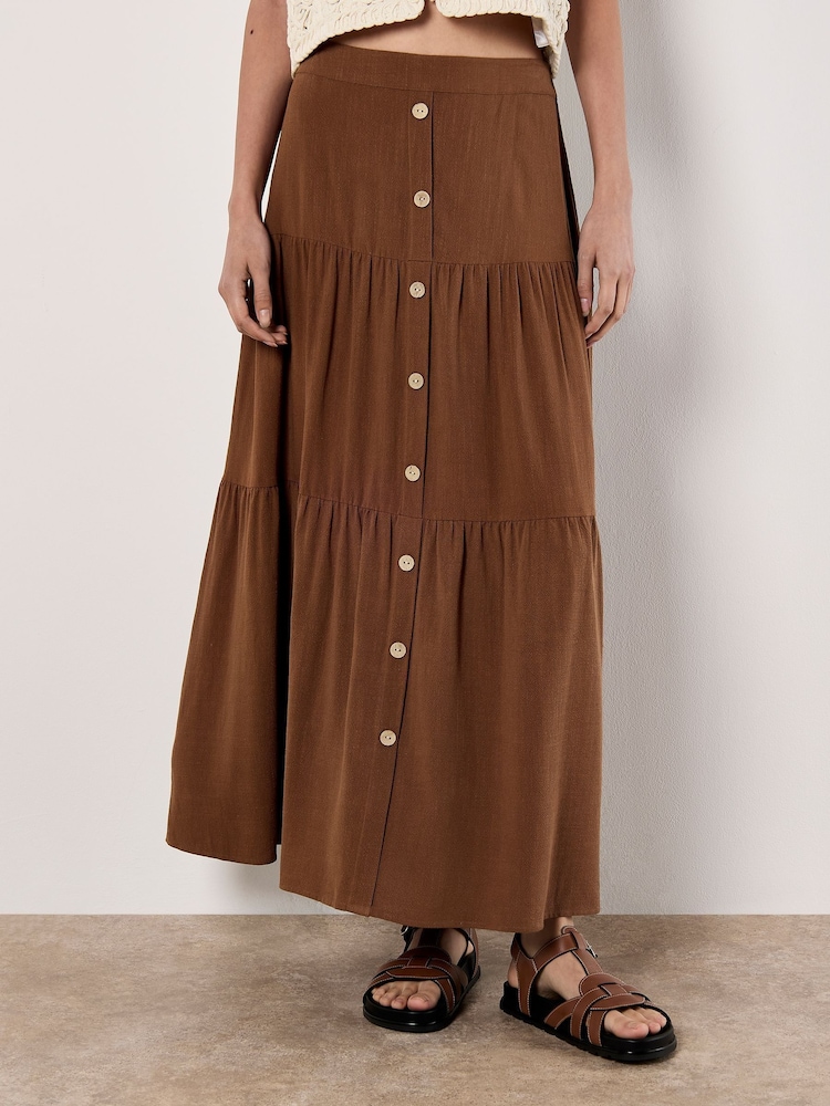 Apricot Brown Coconut Buttton Linen Tiered Skirt - Image 2 of 4 Apricot Brown Coconut Buttton Linen Tiered Skirt - Image 2 of 4