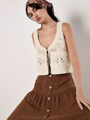 Apricot Brown Coconut Buttton Linen Tiered Skirt - Image 3 of 4