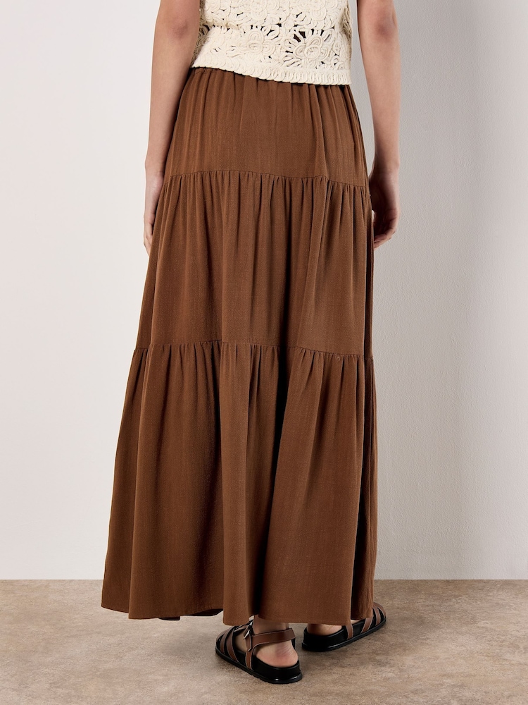 Apricot Brown Coconut Buttton Linen Tiered Skirt - Image 4 of 4 Apricot Brown Coconut Buttton Linen Tiered Skirt - Image 4 of 4