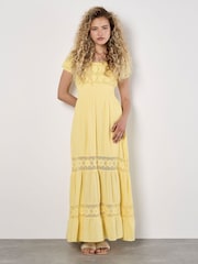 Apricot Yellow Floral Print Lace Milkmaid Maxi Dress - Image 1 of 5