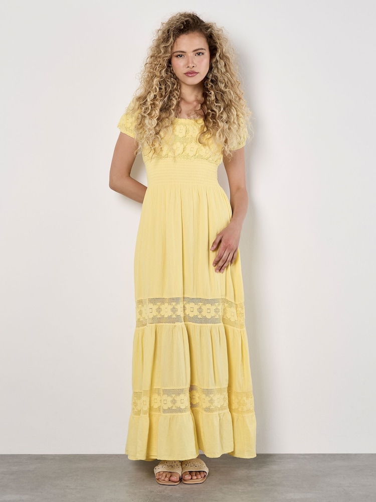 Apricot Yellow Floral Print Lace Milkmaid Maxi Dress - Image 1 of 5