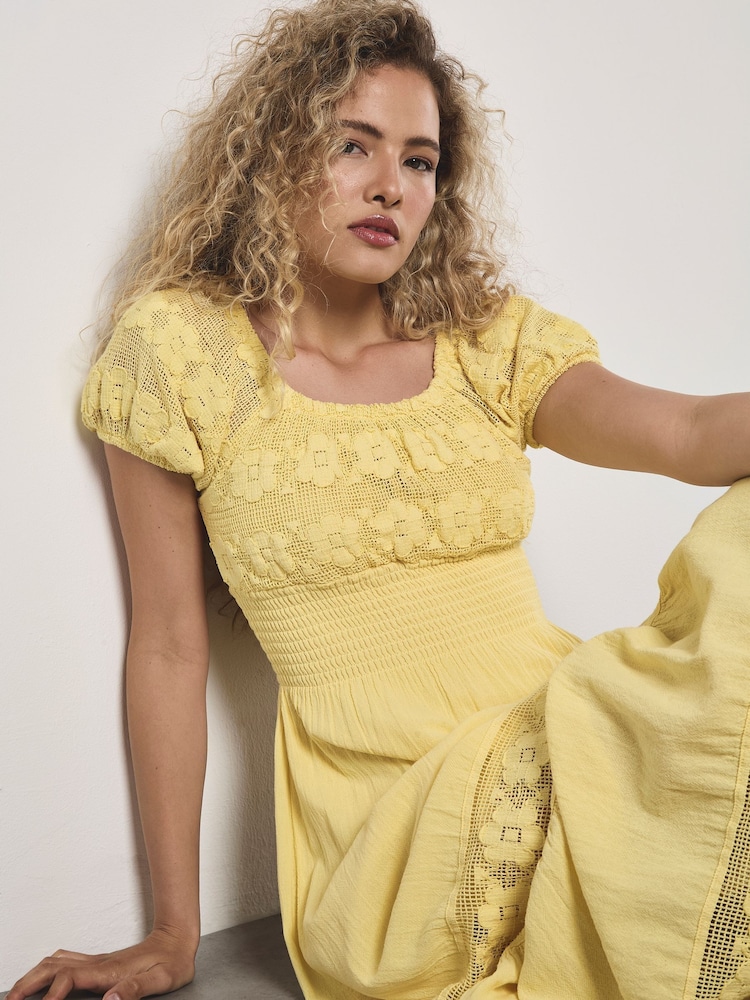 Apricot Yellow Floral Print Lace Milkmaid Maxi Dress - Image 2 of 5
