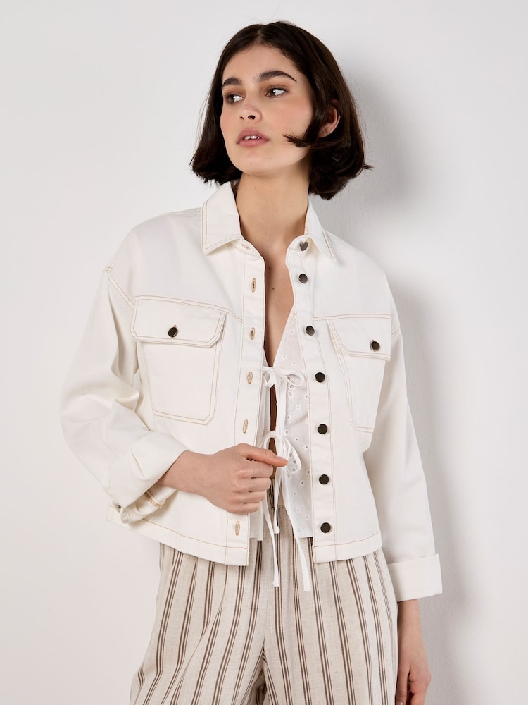 Apricot Cream Denim Cropped Two Pockek Shirt - Image 1 of 5