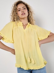 Apricot Yellow Smocking Tassel Tie Ruffle Top - Image 4 of 4