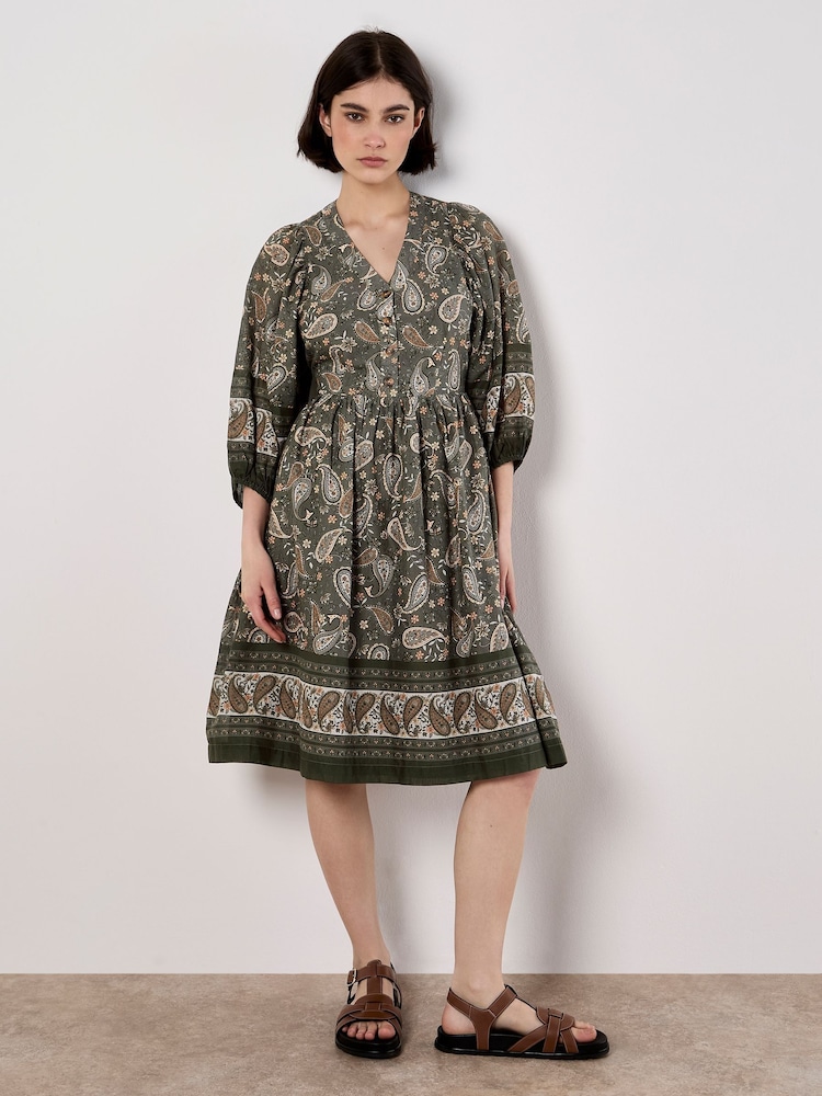 Apricot Green Paisley Border Puff Sleeve Dress - Image 1 of 5 Apricot Green Paisley Border Puff Sleeve Dress - Image 1 of 5