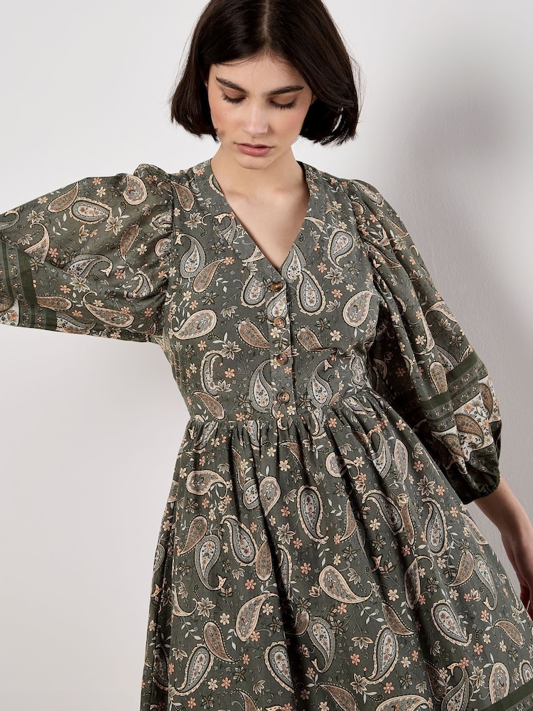 Apricot Green Paisley Border Puff Sleeve Dress - Image 2 of 5 Apricot Green Paisley Border Puff Sleeve Dress - Image 2 of 5