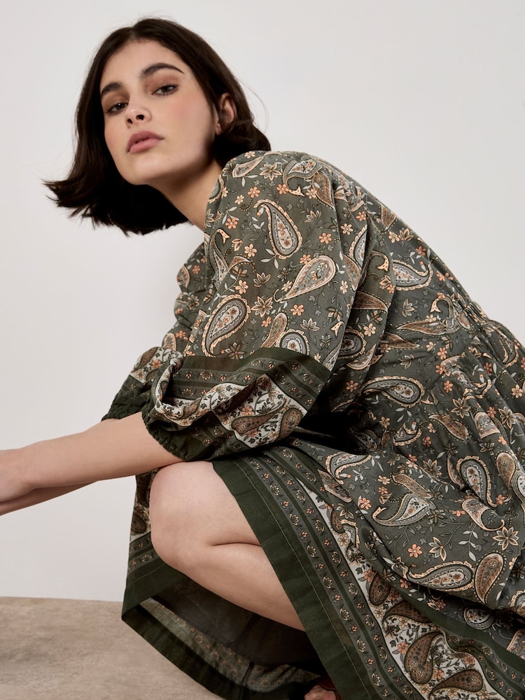 Apricot Green Paisley Border Puff Sleeve Dress - Image 5 of 5 Apricot Green Paisley Border Puff Sleeve Dress - Image 5 of 5