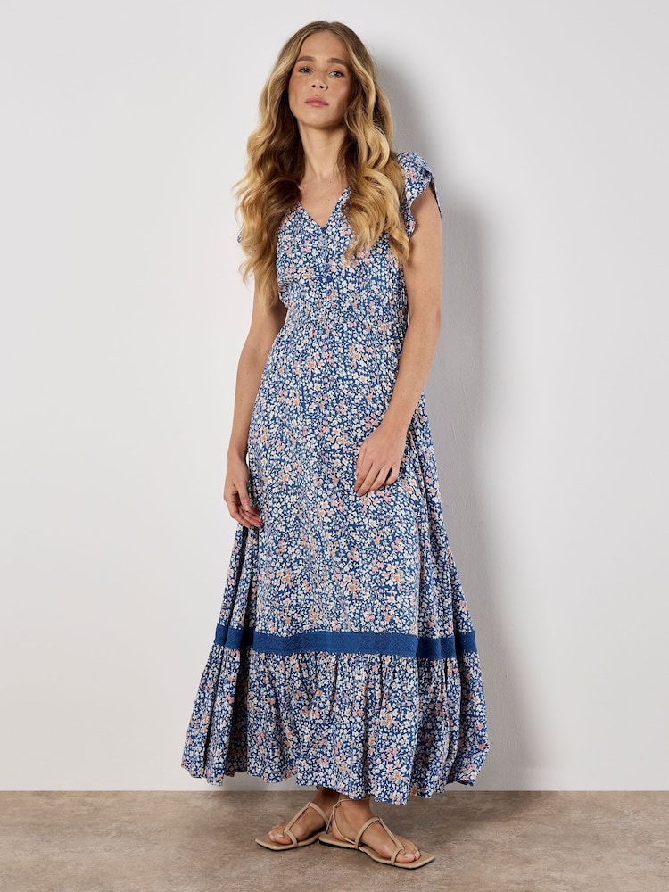 Apricot Blue Ditsy Cluster Crochet Maxi Dress - Image 2 of 5