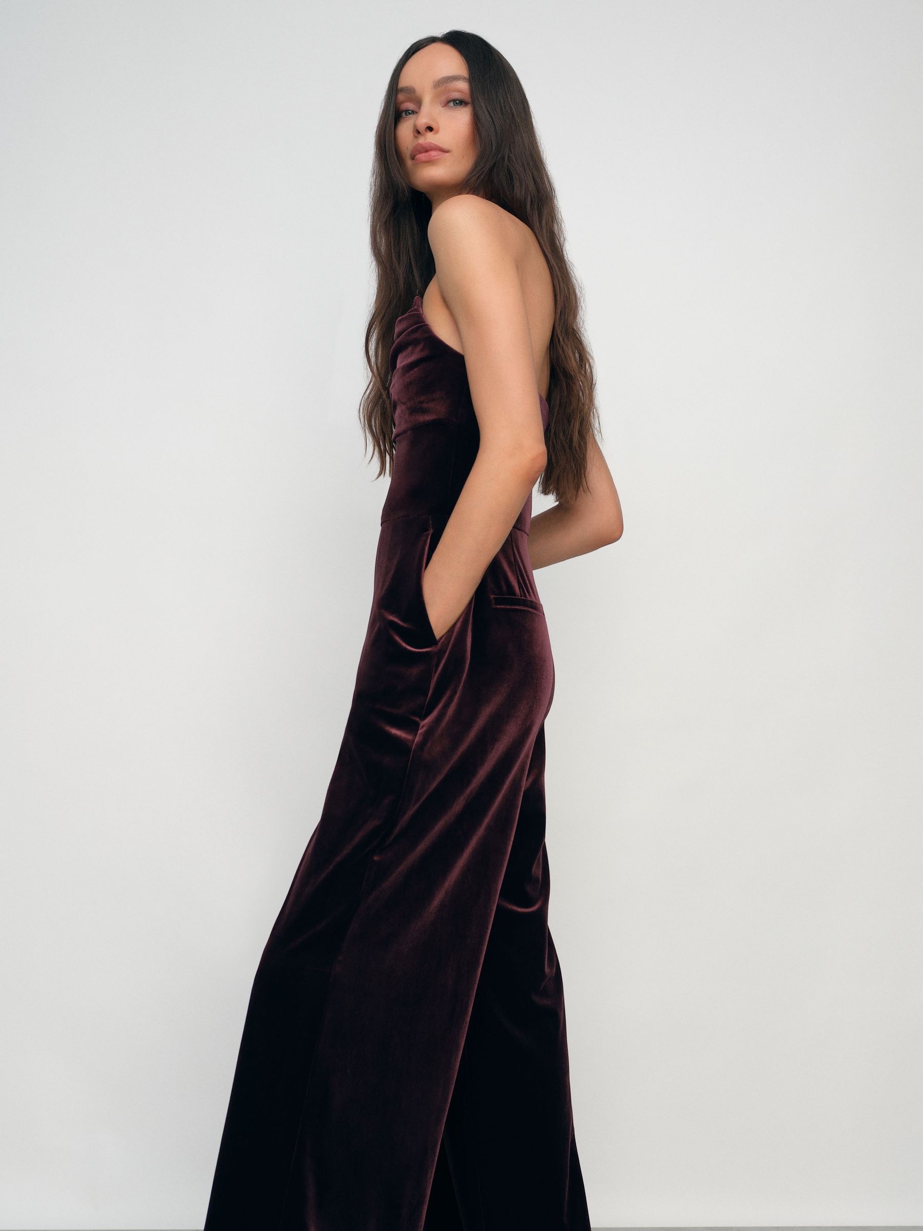 Buy Reiss Burgundy Andria Velvet Drape Strapless Jumpsuit from