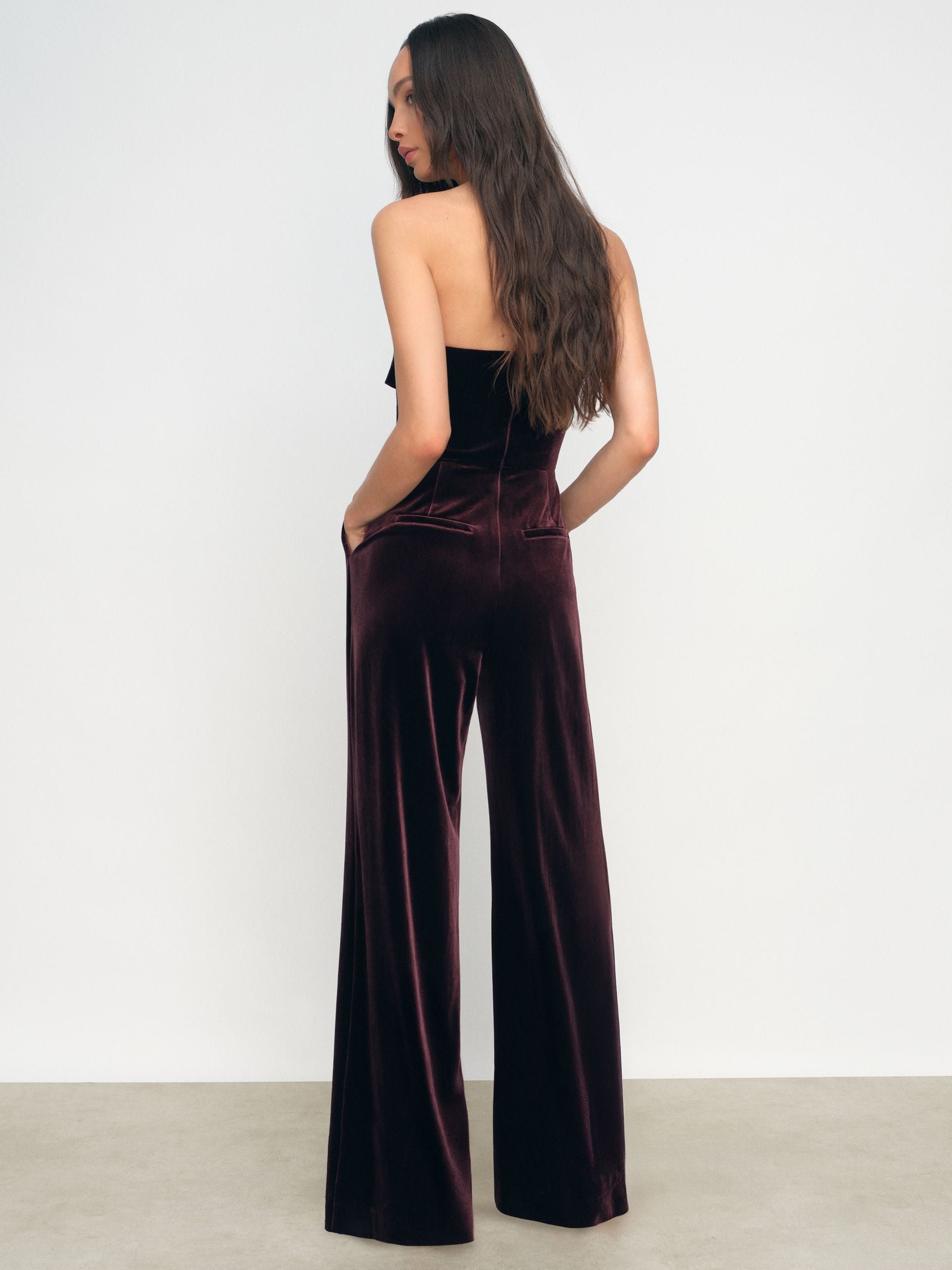 Buy Reiss Burgundy Andria Velvet Drape Strapless Jumpsuit from