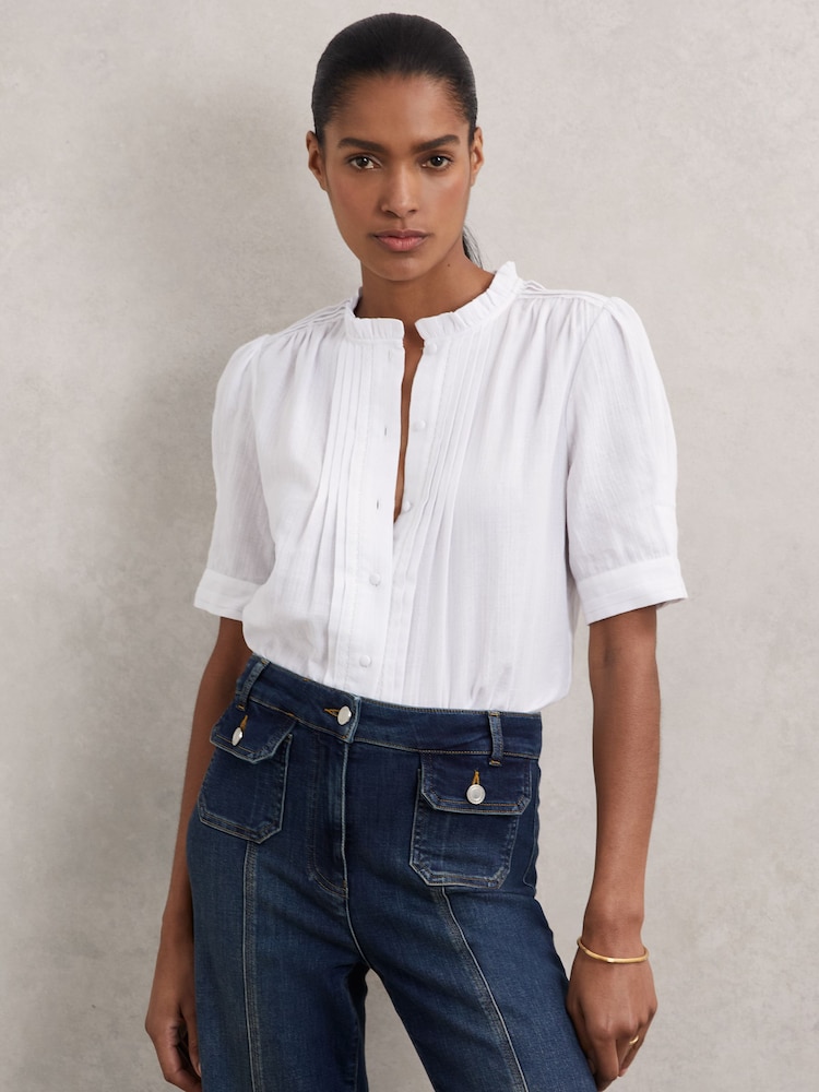 Reiss White Aurelia Cotton Cheesecloth Pleated Top - Image 1 of 6 Reiss White Aurelia Cotton Cheesecloth Pleated Top - Image 1 of 6