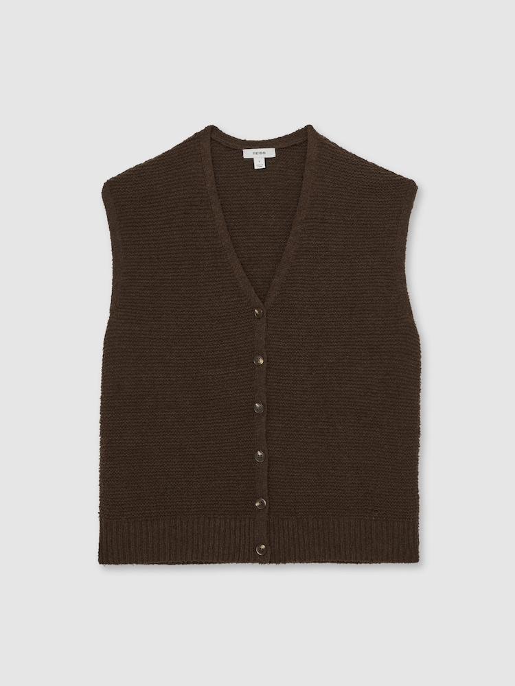 Reiss Chocolate Brown Lily Cotton-Linen Button-Through Knit Top - Image 2 of 6 Reiss Chocolate Brown Lily Cotton-Linen Button-Through Knit Top - Image 2 of 6