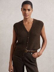 Reiss Chocolate Brown Lily Cotton-Linen Button-Through Knit Top - Image 3 of 6