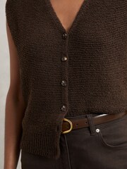 Reiss Chocolate Brown Lily Cotton-Linen Button-Through Knit Top - Image 4 of 6