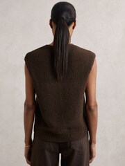 Reiss Chocolate Brown Lily Cotton-Linen Button-Through Knit Top - Image 5 of 6