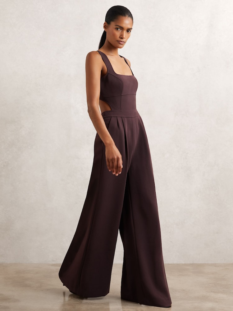 Reiss Burgundy Dion Wide-Leg Cut-Out Jumpsuit - Image 1 of 6 Reiss Burgundy Dion Wide-Leg Cut-Out Jumpsuit - Image 1 of 6
