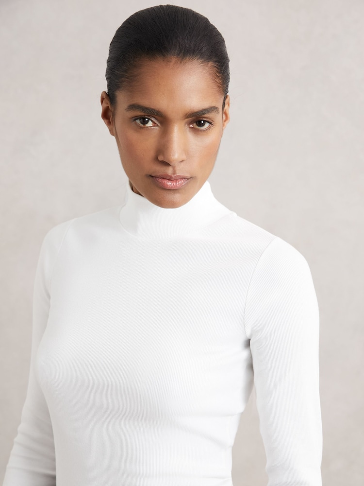 Reiss White Polly Stretch-Cotton Funnel-Neck Top - Image 1 of 6 Reiss White Polly Stretch-Cotton Funnel-Neck Top - Image 1 of 6