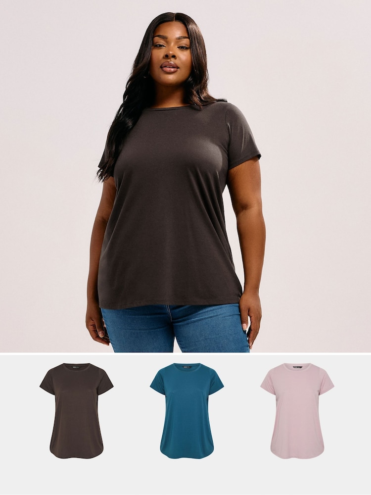 Yours Curve Brown Core Basic T-Shirts 3 Pack - Image 1 of 8