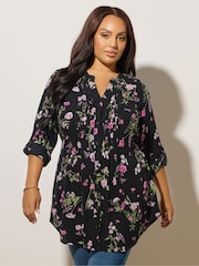 Yours Curve Black All-Over Print Pintuck Blouse - Image 1 of 5