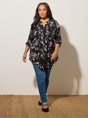 Yours Curve Black All-Over Print Pintuck Blouse - Image 2 of 5
