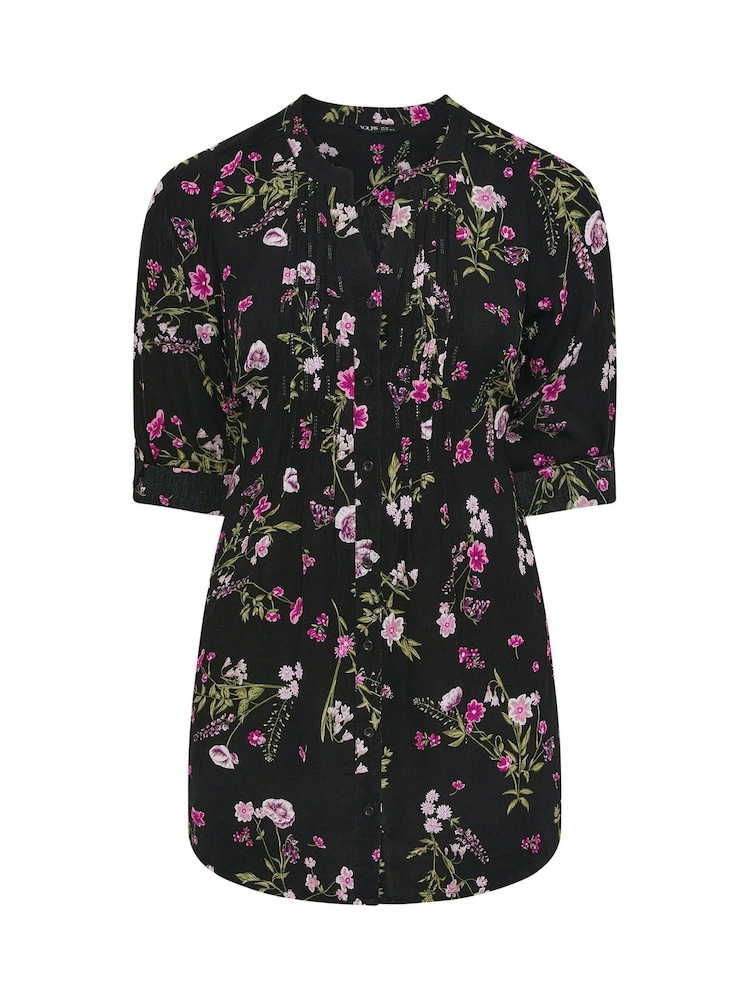 Yours Curve Black All-Over Print Pintuck Blouse - Image 5 of 5