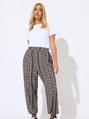 Yours Curve Brown Folk Floral Print Lines Cuffed Harem Trousers - Image 1 of 5