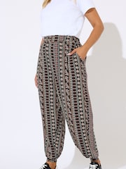 Yours Curve Brown Folk Floral Print Lines Cuffed Harem Trousers - Image 2 of 5
