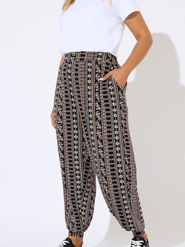 Yours Curve Brown Folk Floral Print Lines Cuffed Harem Trousers - Image 2 of 5