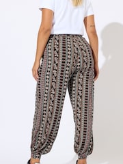 Yours Curve Brown Folk Floral Print Lines Cuffed Harem Trousers - Image 4 of 5