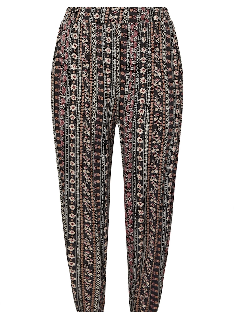 Yours Curve Brown Folk Floral Print Lines Cuffed Harem Trousers - Image 5 of 5