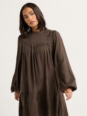 PixieGirl Petite Brown Button Neck Long Sleeve Dress - Image 1 of 5