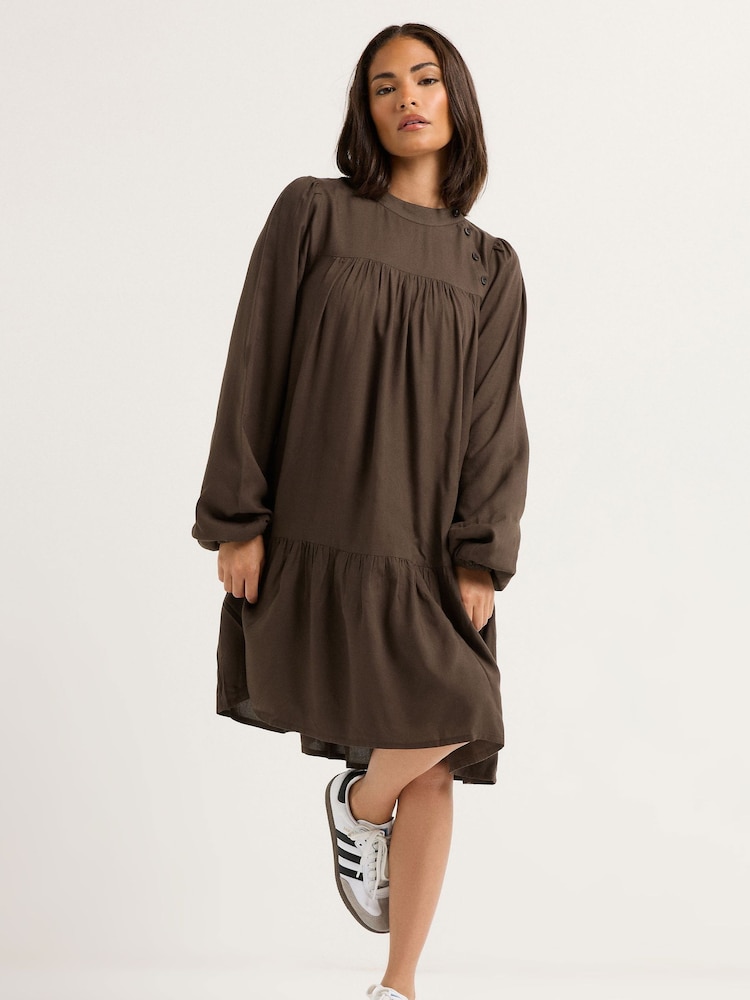 PixieGirl Petite Brown Button Neck Long Sleeve Dress - Image 2 of 5