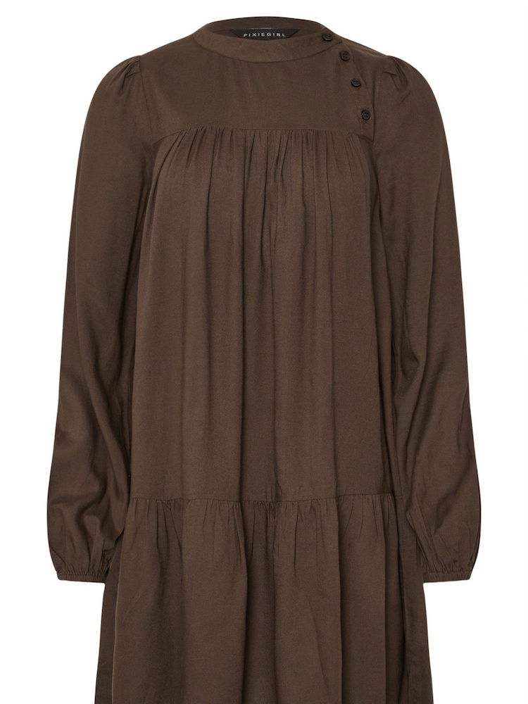 PixieGirl Petite Brown Button Neck Long Sleeve Dress - Image 5 of 5