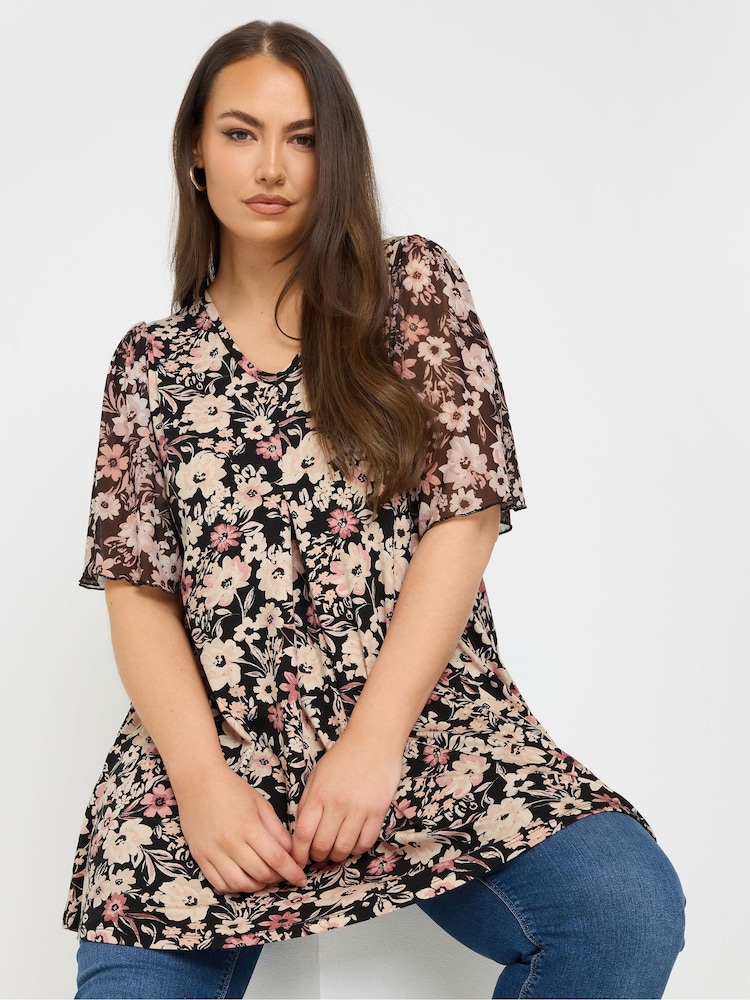 Top plissada com estampa floral Yours Curve e manga de malha - Imagem 1 de 5