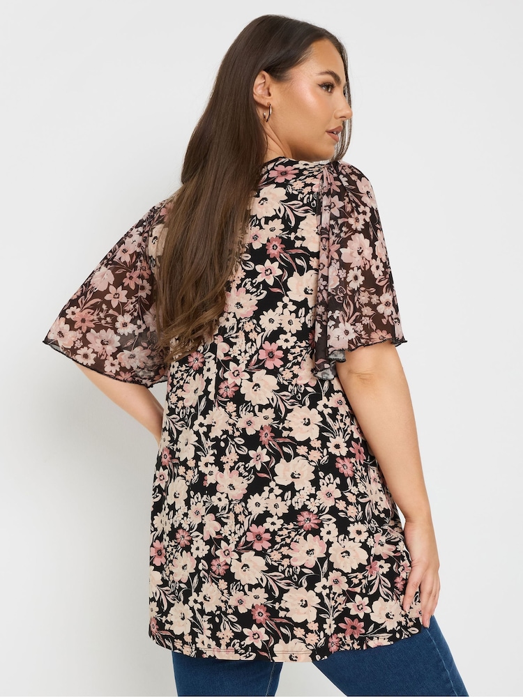 Top plissada com estampa floral Yours Curve e manga de malha - Imagem 2 de 5