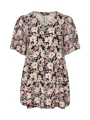 Top plissada com estampa floral Yours Curve e manga de malha - Imagem 5 de 5